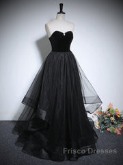 Black Haler Tulle And Velvet Long Formal Prom Dress, Black A-Line Tulle Evening Dress