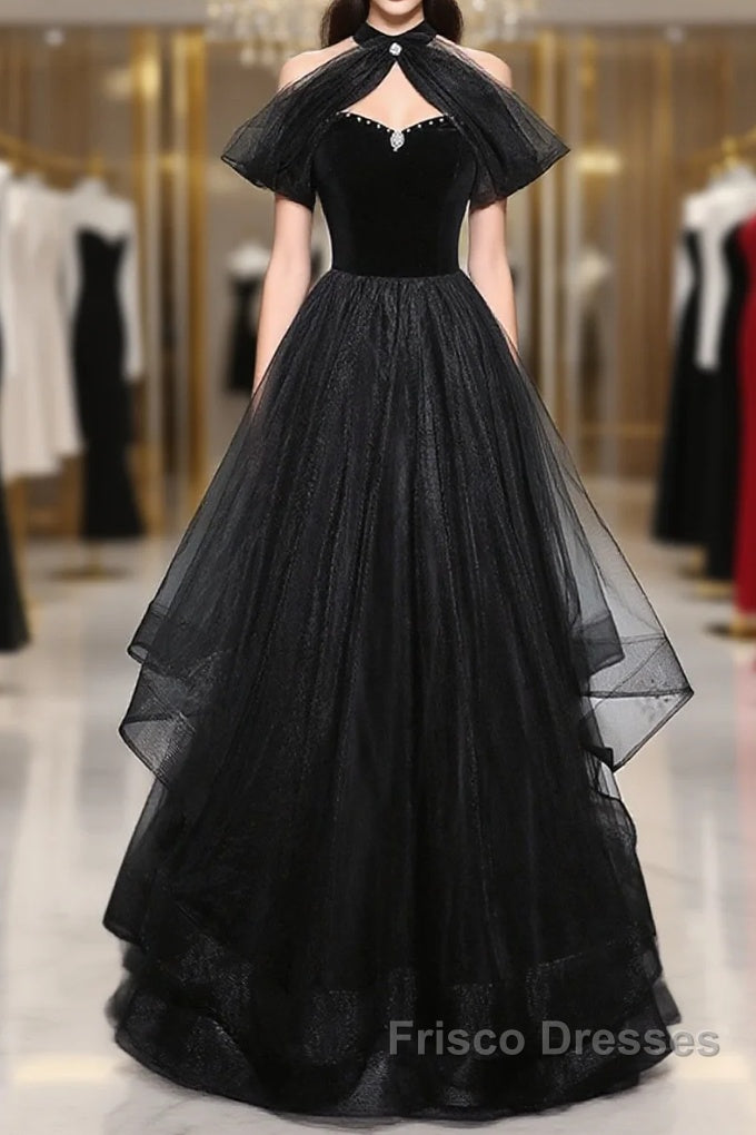 Black Haler Tulle And Velvet Long Formal Prom Dress, Black A-Line Tulle Evening Dress Main image