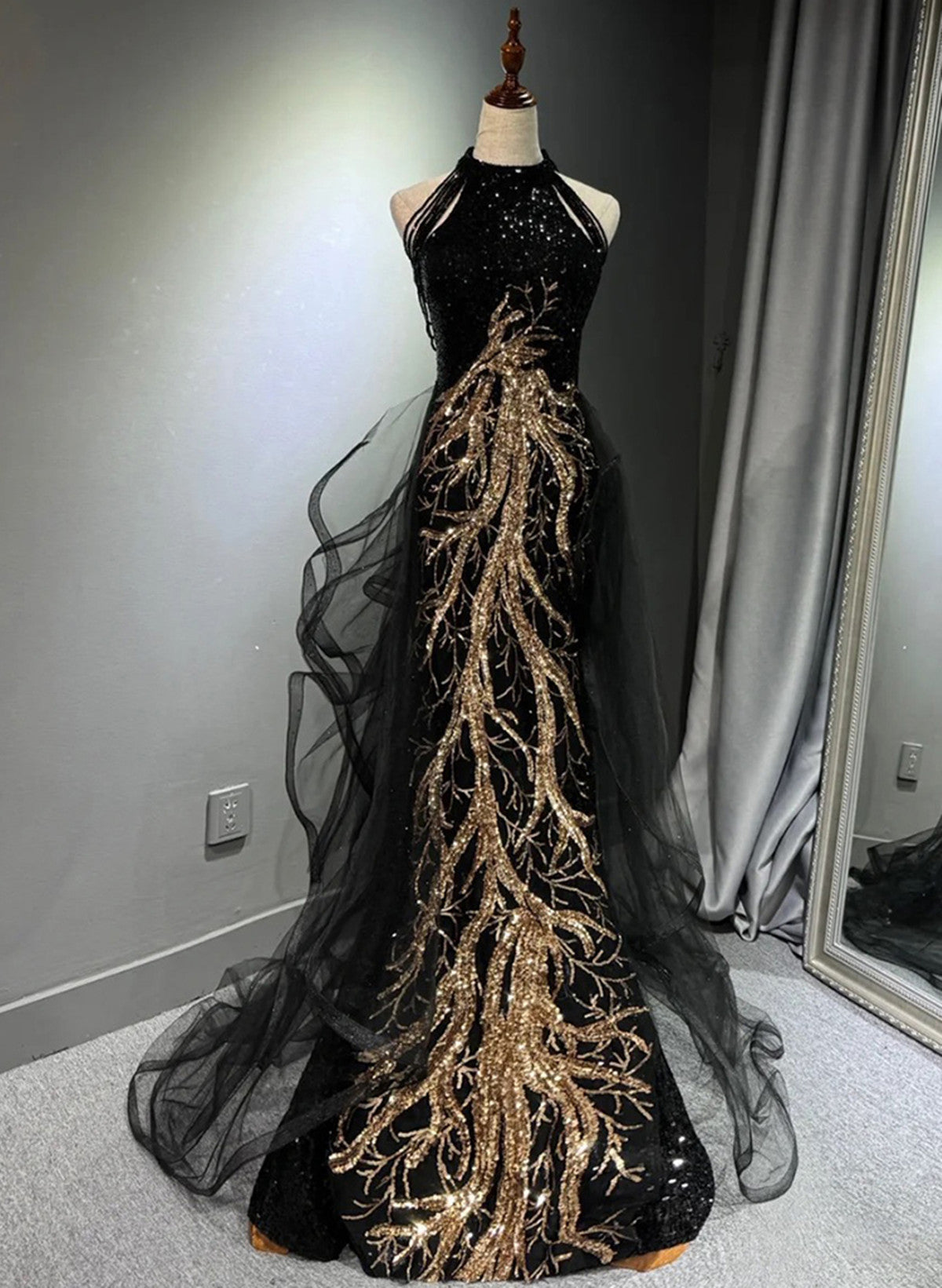 Black Halter A-Line Tulle And Sequins Evening Dress, Black Long Prom Dress Party Dress Main image