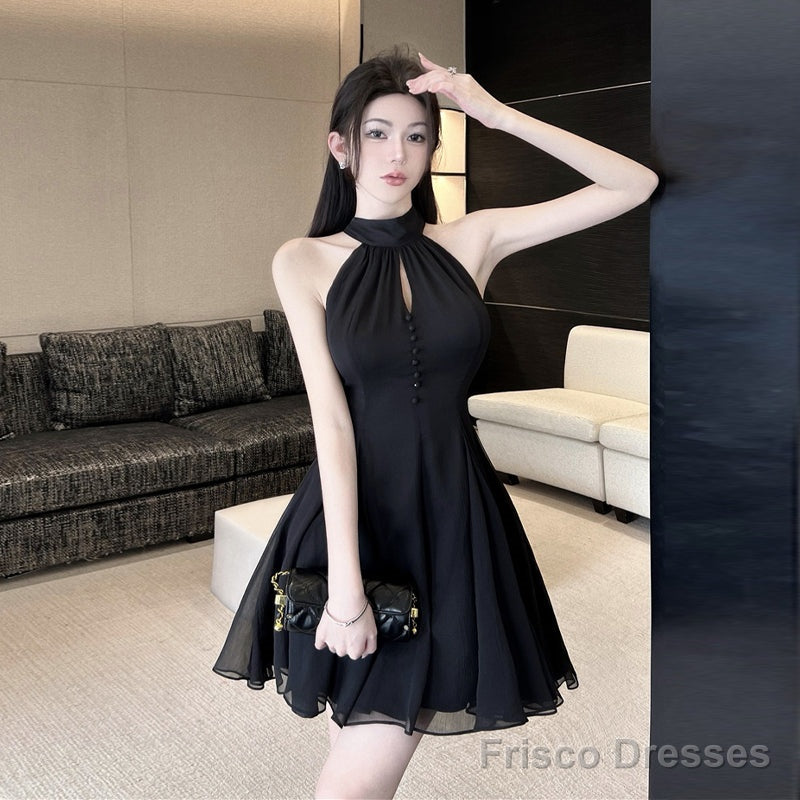 Black Halter Chiffon Short Homecoming Dress, Black Short Prom Dress Secondary image
