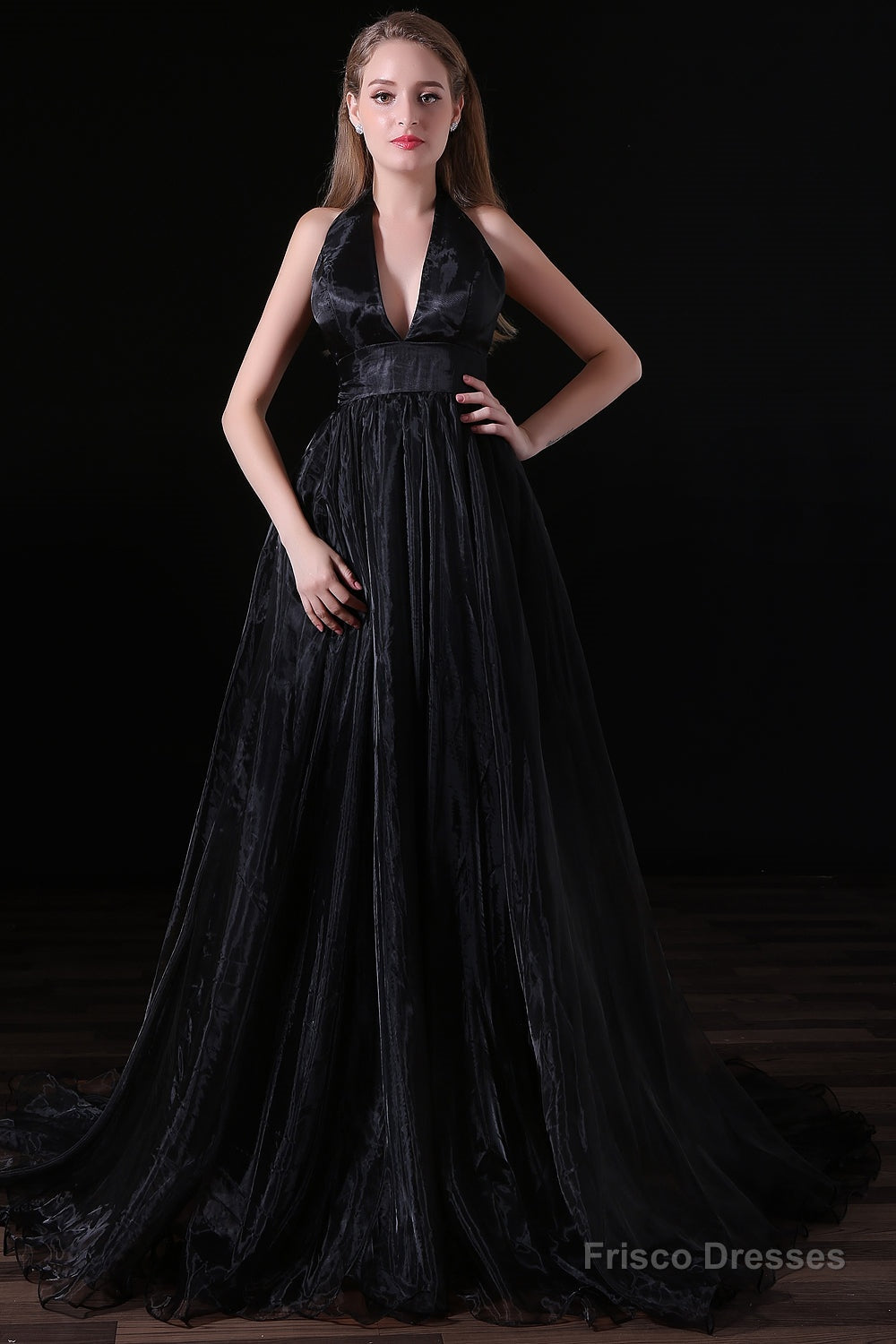 Black Halter Deep V neck Backless Tulle Floro Length Prom Dresses Secondary image