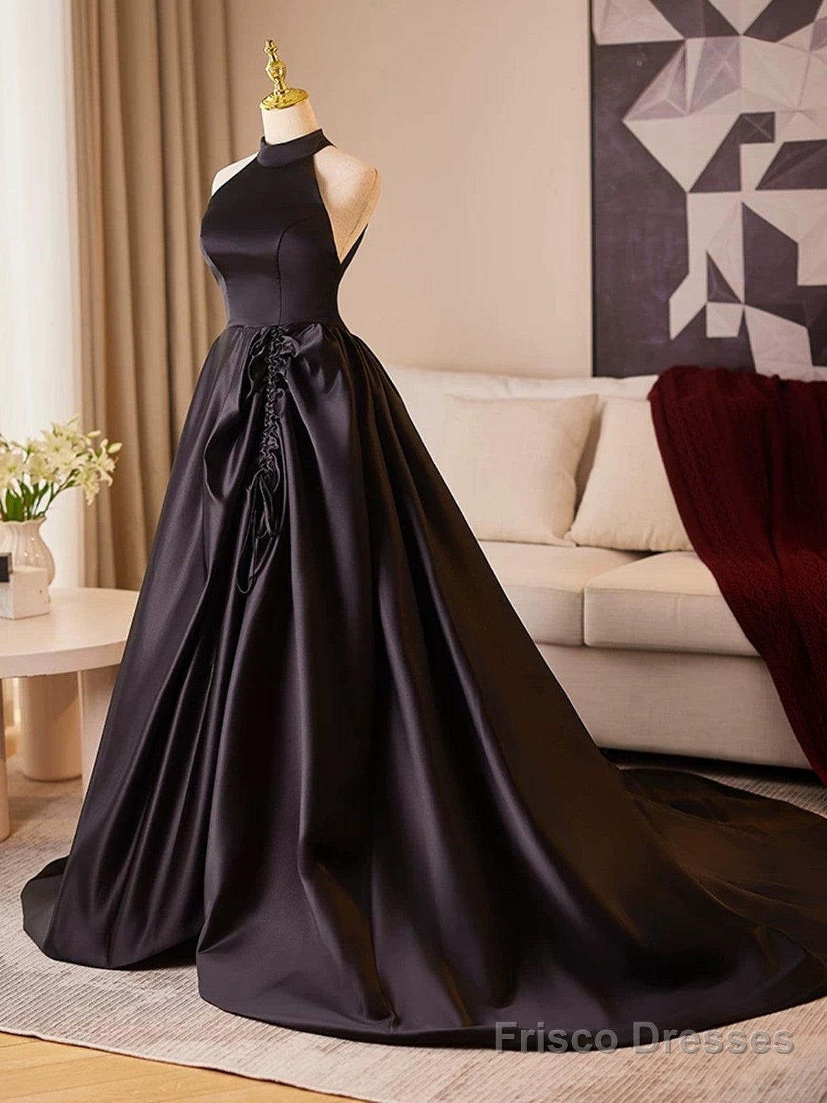 Black Halter Satin A-Line Simple Style Prom Dress, Black Satin Party Dress Secondary image