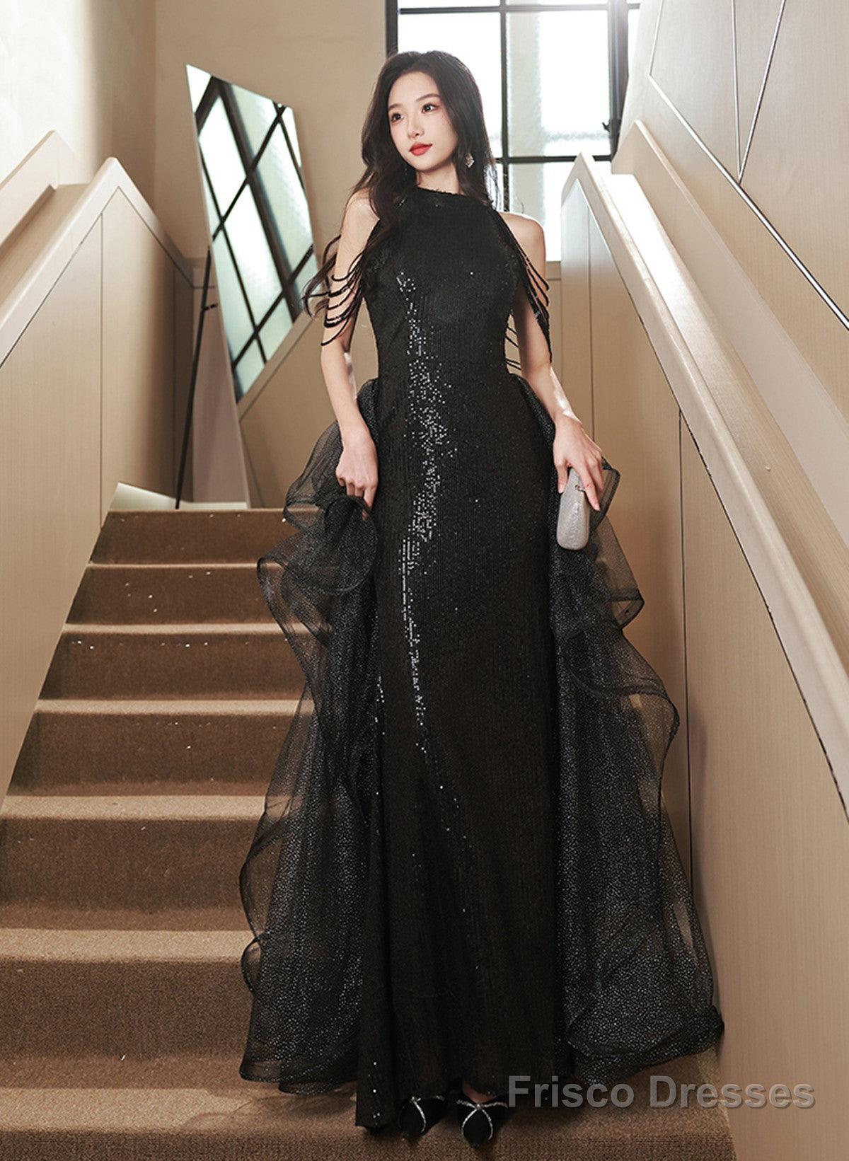 Black Halter Sequins And Tulle Long Party Dress, Black Chic Party Dress Prom Dress Main image