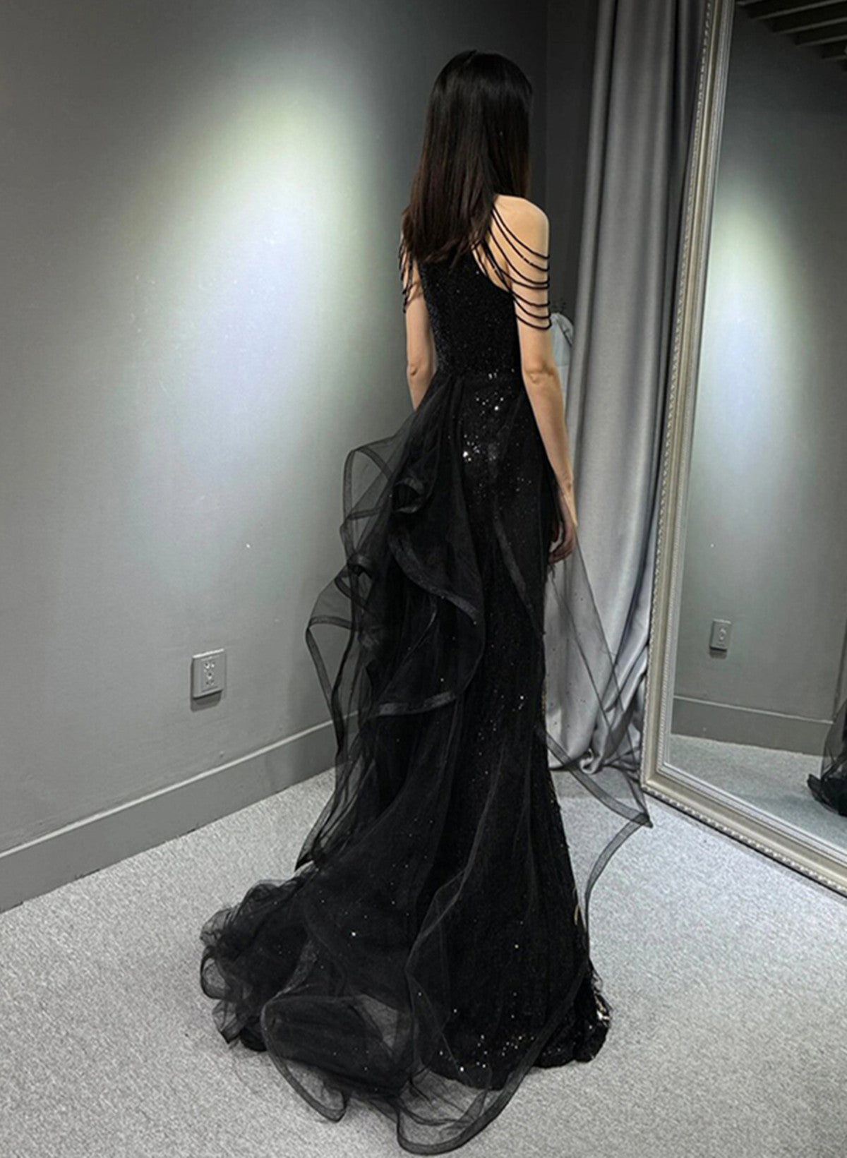 Black Halter Sequins Long Party Dress With God Lace, Black Long Evening Dress
