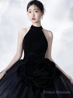 Black Halter Shiny Tulle Long Ball Gown, Black A-Line Backless Formal Dress