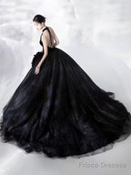 Black Halter Shiny Tulle Long Ball Gown, Black A-Line Backless Formal Dress