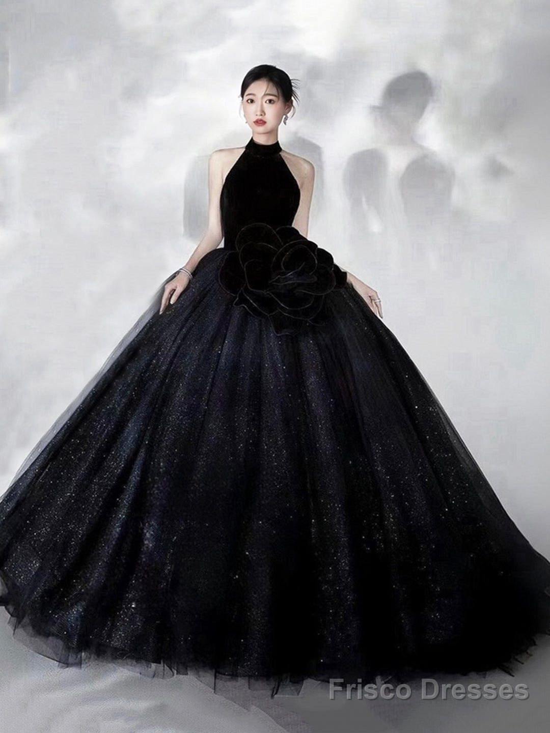 Black Halter Shiny Tulle Long Ball Gown, Black A-Line Backless Formal Dress Main image