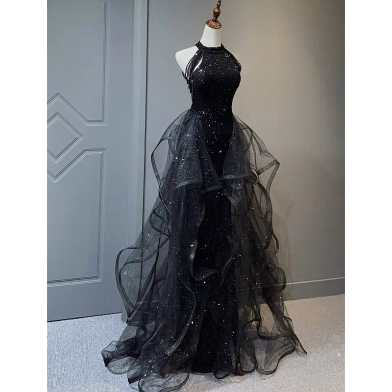Black Halter Shiny Tulle Long Party Dress With Beadings, Black Tulle Prom Dress Secondary image