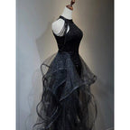 Black Halter Shiny Tulle Long Party Dress With Beadings, Black Tulle Prom Dress