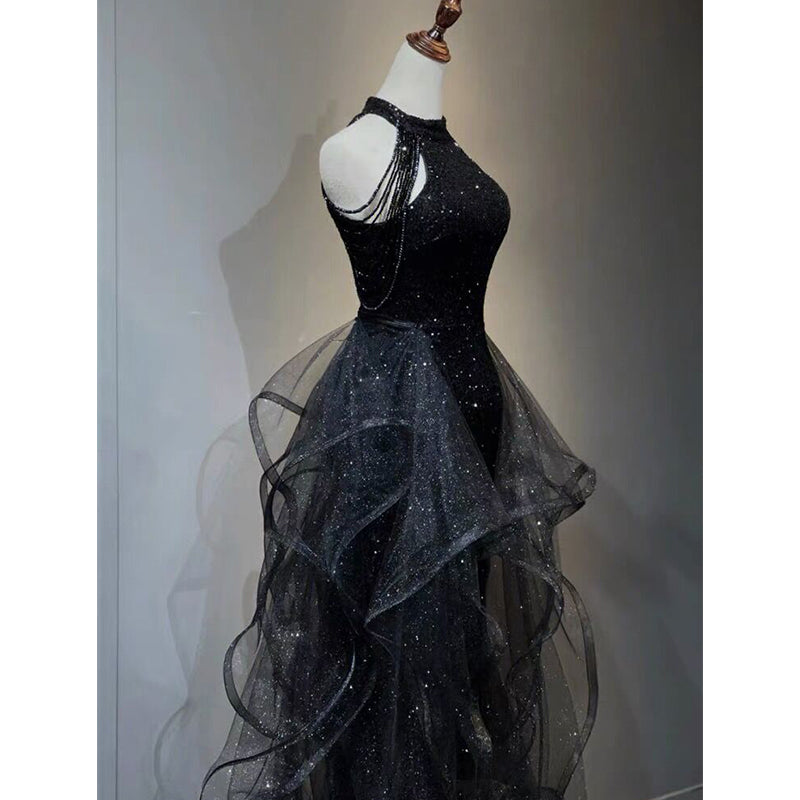 Black Halter Shiny Tulle Long Party Dress With Beadings, Black Tulle Prom Dress