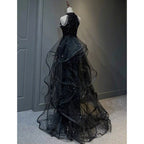Black Halter Shiny Tulle Long Party Dress With Beadings, Black Tulle Prom Dress