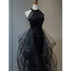 Black Halter Shiny Tulle Long Party Dress With Beadings, Black Tulle Prom Dress