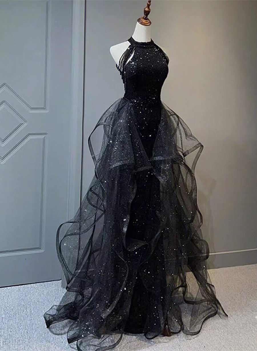 Black Halter Shiny Tulle Long Party Dress With Beadings, Black Tulle Prom Dress Main image