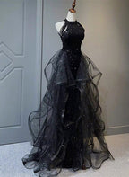 Black Halter Shiny Tulle Long Party Dress With Beadings, Black Tulle Prom Dress