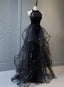 Black Halter Shiny Tulle Long Party Dress With Beadings, Black Tulle Prom Dress