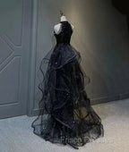 Black Halter Shiny Tulle Long Formal Prom Dress, Black Tulle Evening Dress with Sequins