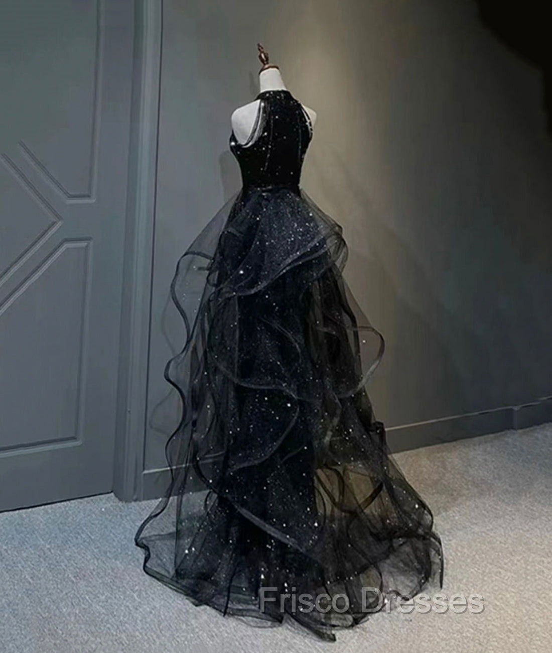 Black Halter Shiny Tulle Long Formal Prom Dress, Black Tulle Evening Dress with Sequins