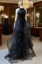 Black Halter Shiny Tulle Long Formal Prom Dress, Black Tulle Evening Dress with Sequins