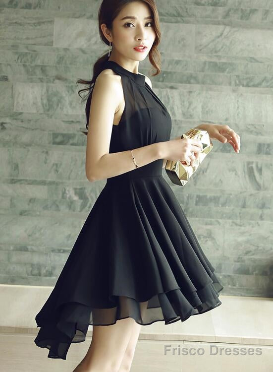 Black High Low Chiffon Halter Women Dress, Cute High Low Women Summer Dress, Black Dresses Main image