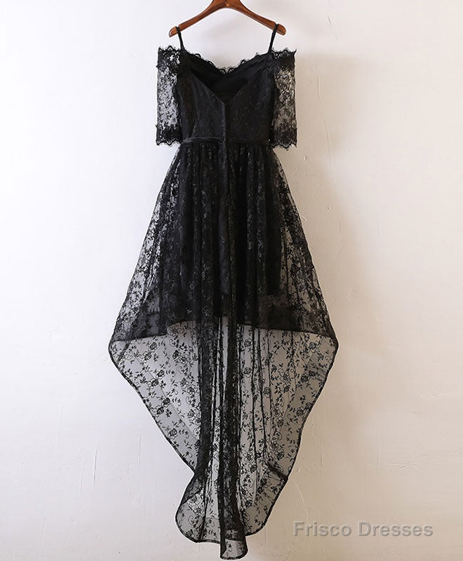 Black High Low Lace Prom Dress, Black Homecoming Dress Main image