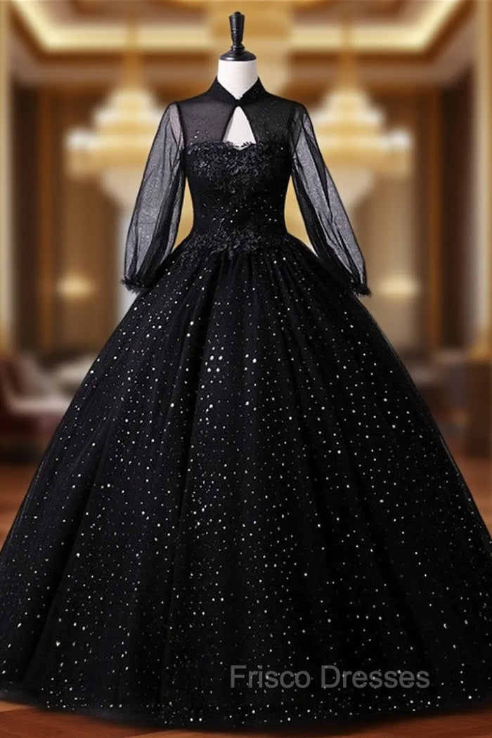 Black High Neckline Long Sleeves Tulle Sweet 16 Dress, Black Ball Gown Formal Dress