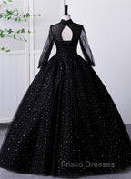 Black High Neckline Long Sleeves Tulle Sweet 16 Dress, Black Ball Gown Formal Dress