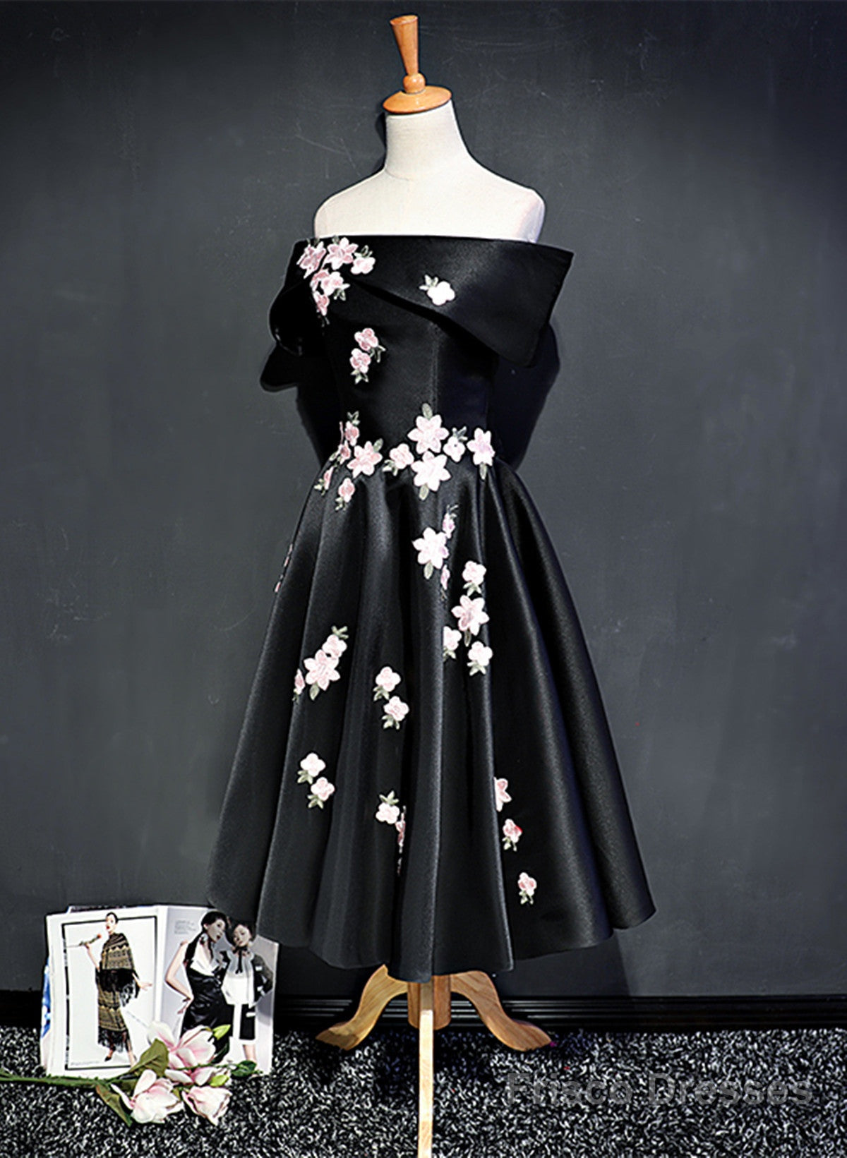 Black Knee Length Satin With Flowers Party Dress, Black Short Prom Dress Homecoming Dress Secondary image
