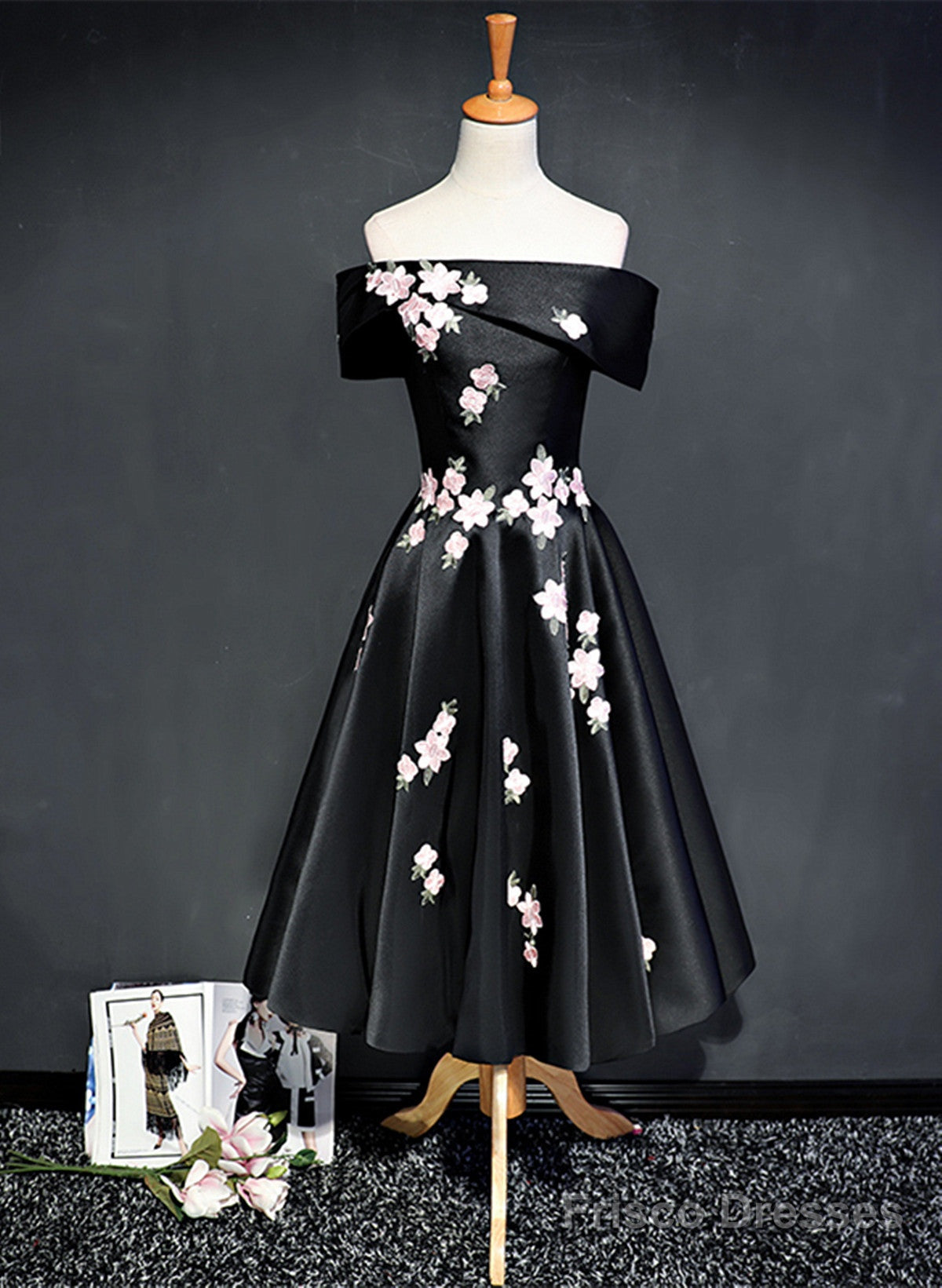Black Knee Length Satin With Flowers Party Dress, Black Short Prom Dress Homecoming Dress Main image