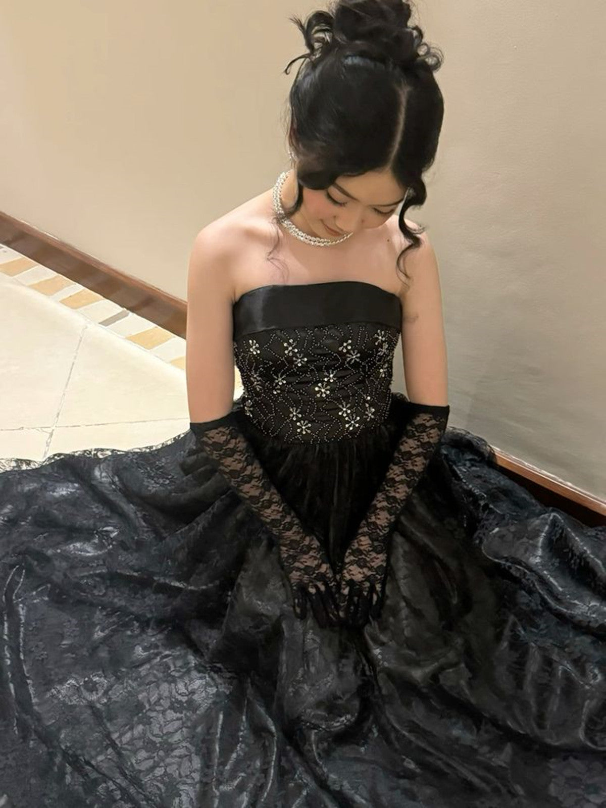 Black Lace A-Line Strapless Beaded Long Formal Dress, Black Floor Length Evening Dress Main image