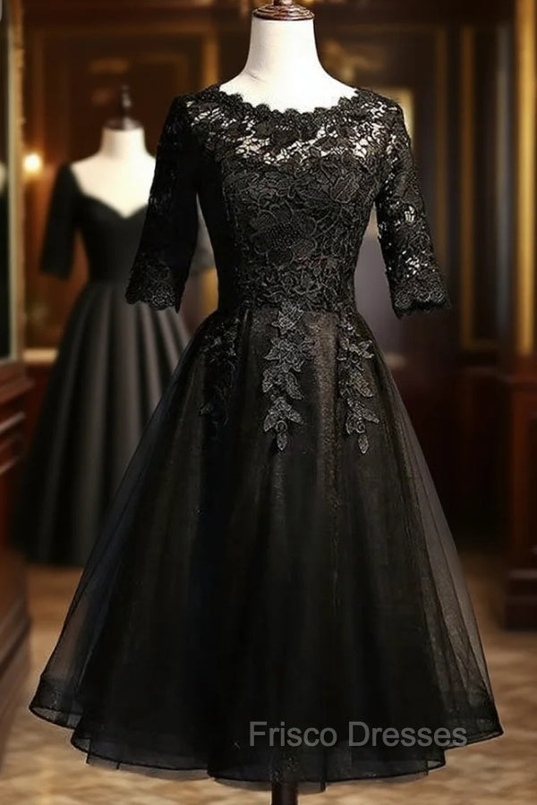 Black Lace and Tulle Short Sleeves Party Dress Formal Dress, Black Homecoming Dress