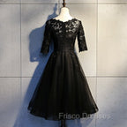 Black Lace and Tulle Short Sleeves Party Dress Formal Dress, Black Homecoming Dress