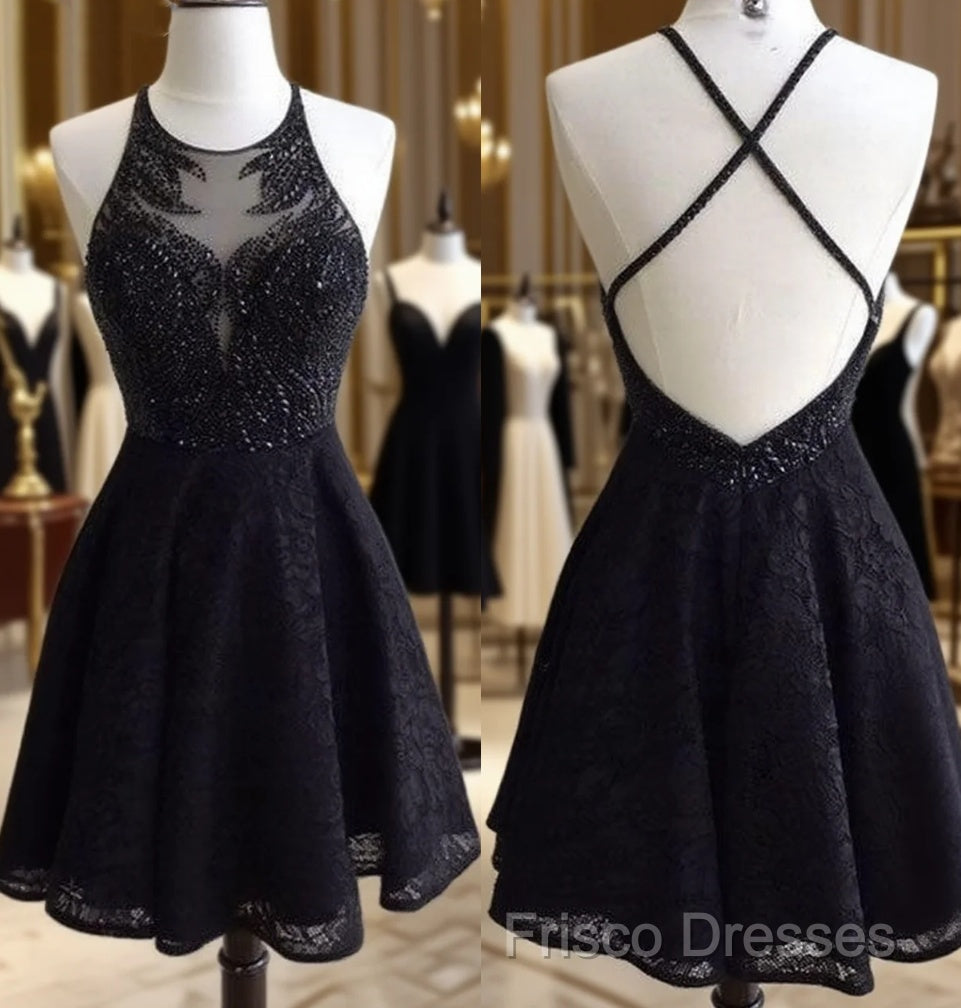 Black Lace Beaded Short Formal Prom Dress, Cute Black Homecoming Dress Main image