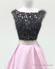 Black Lace Beaded Two Piece Satin Prom Dresses