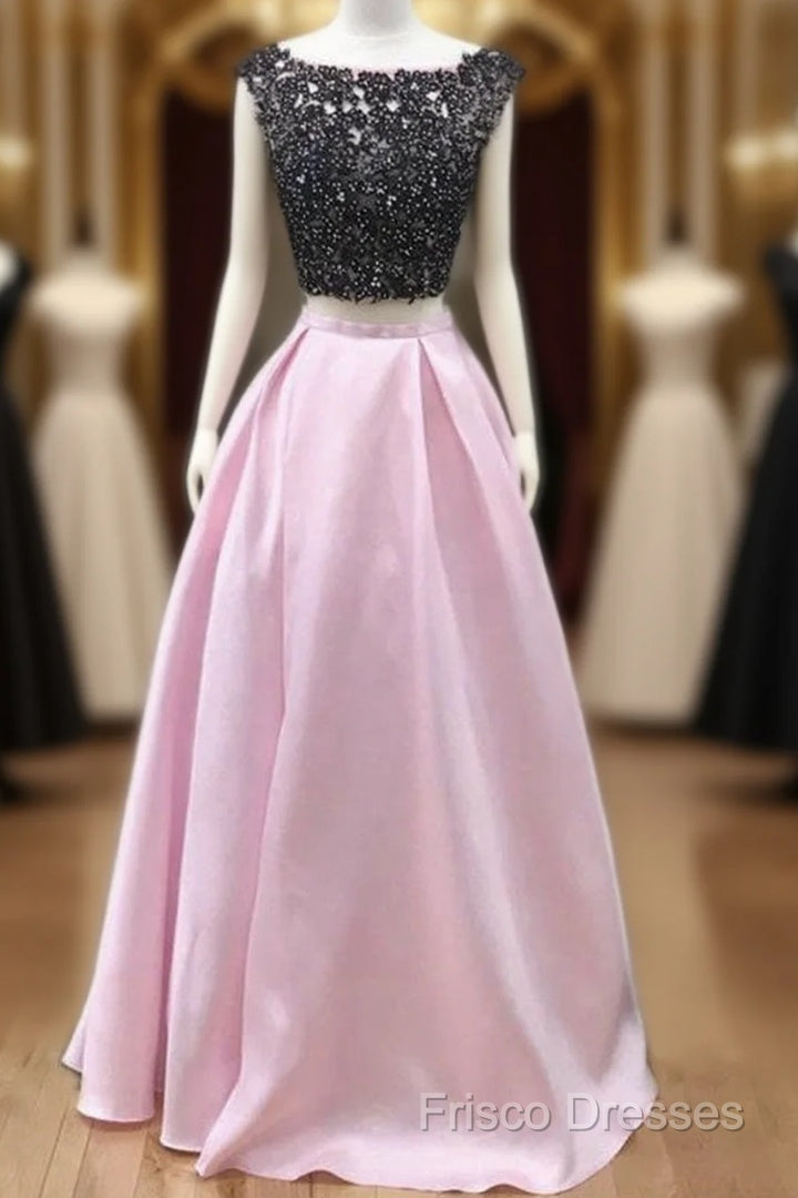 Black Lace Beaded Two Piece Satin Formal Prom Dress