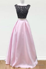 Black Lace Beaded Two Piece Satin Prom Dresses