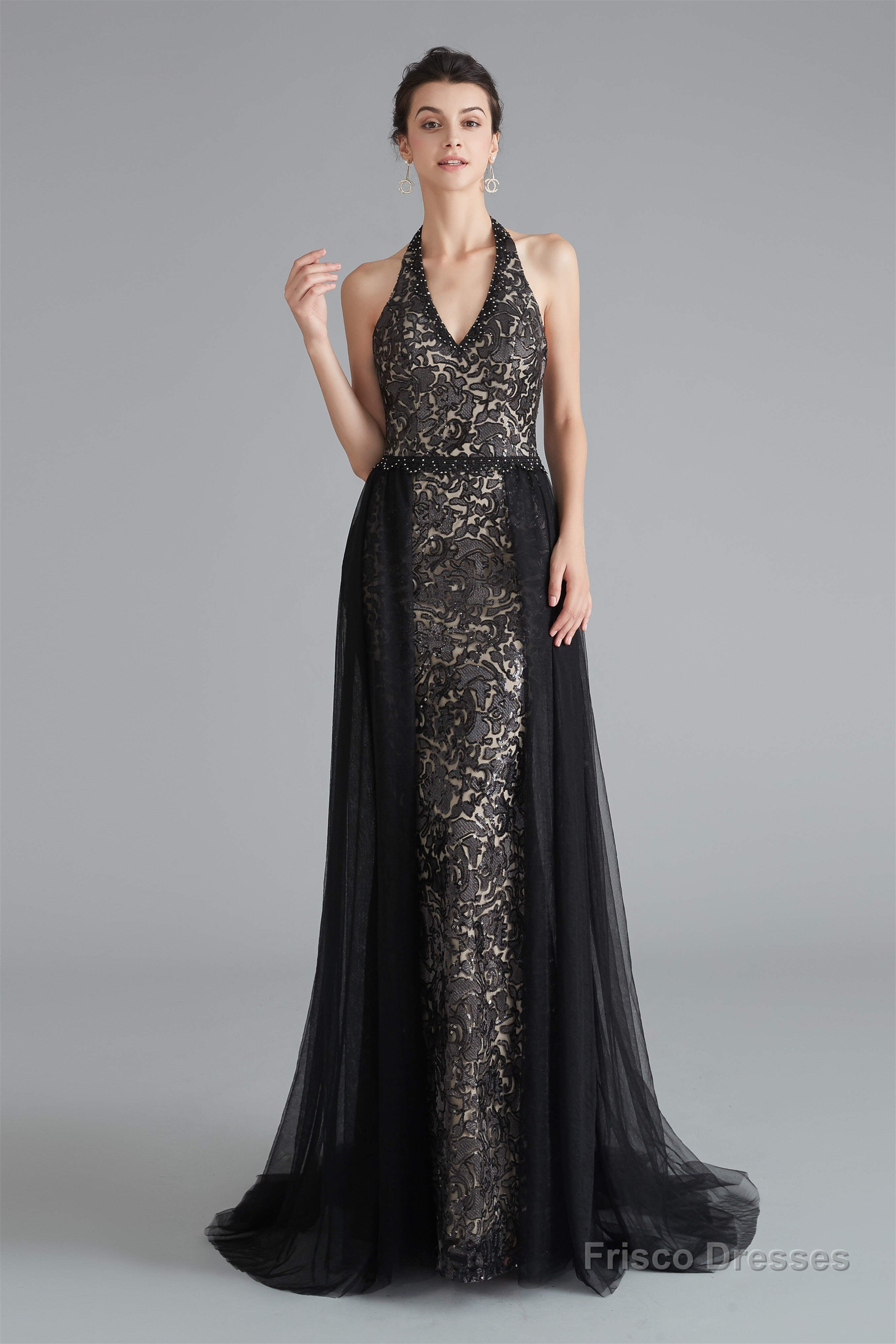 Black Lace Halter Prom Dresses with Tulle Overskirt Main image