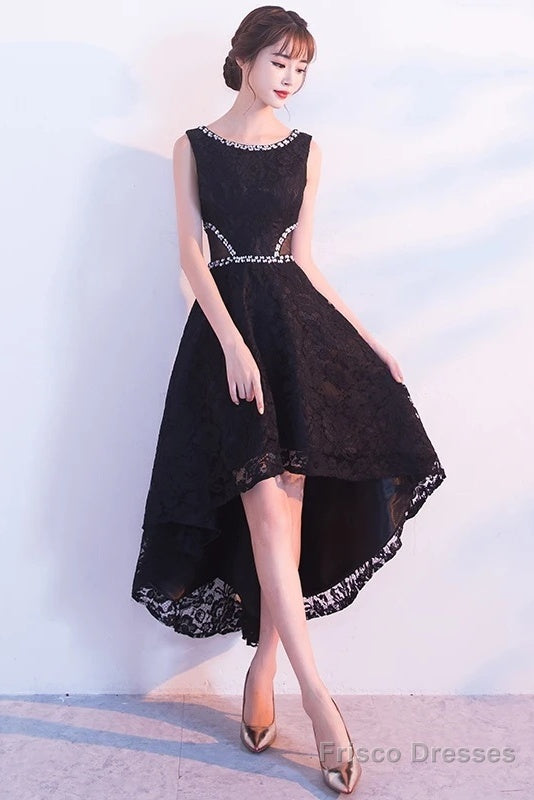 Black Lace High Low Beaded Short Party Dress, Black Homecoming Dress Main image