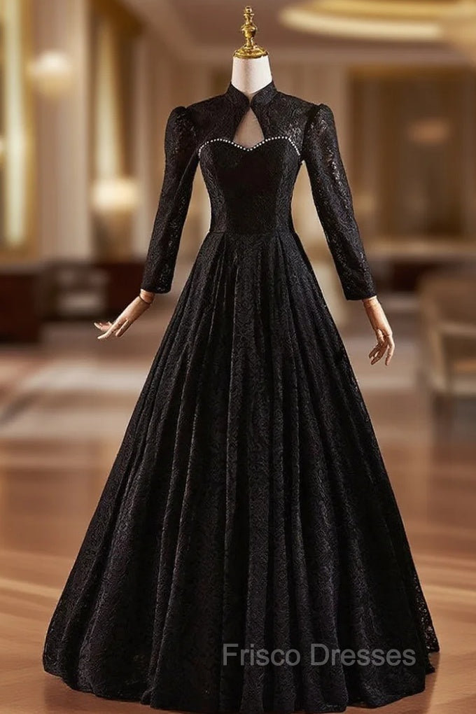 Black Lace Long Sleeve Backless Formal Prom Dress
