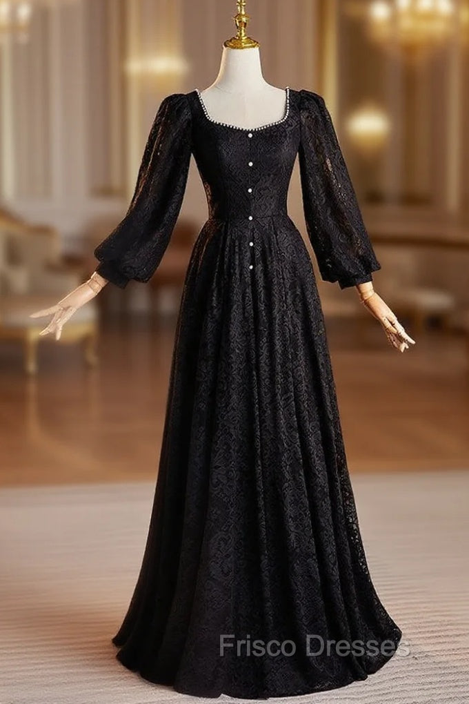 Black Lace Long Sleeve Square Neck Pearls Formal Prom Dress Main image