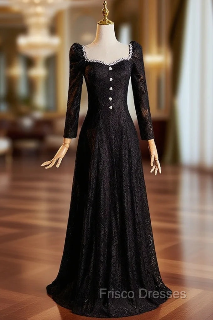 Black Lace Long Sleeve Square Neck Formal Prom Dress Main image