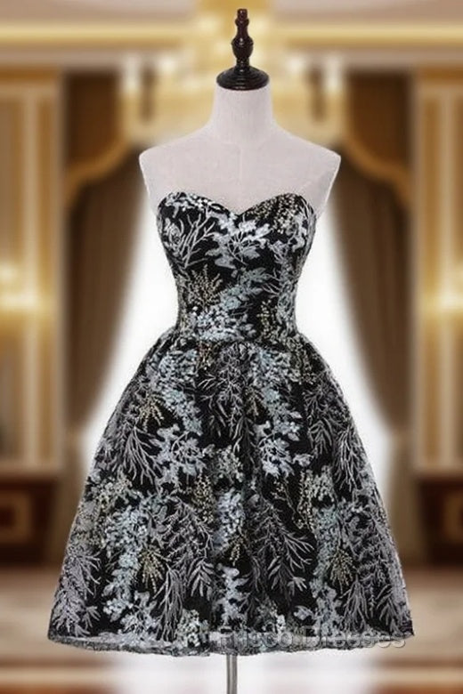 Black Lace Print Strapless Homecoming Dress