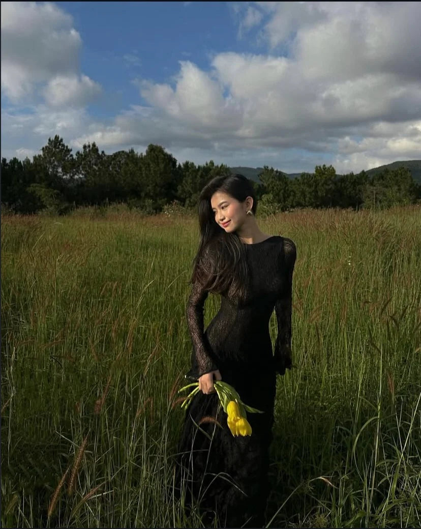 Black Lace Sexy A Line Long Sleeve Evening Dress Prom Dresses Formal Gown