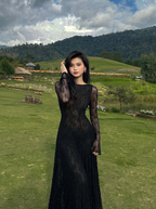 Black Lace Sexy A Line Long Sleeve Evening Dress Prom Dresses Formal Gown