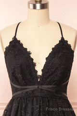 Black Lace Straps A-Line Short Party Dress Lace Homecoming Dresses