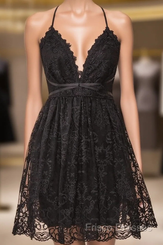 Black Lace Straps A-Line Short Party Dress Lace Homecoming Dress