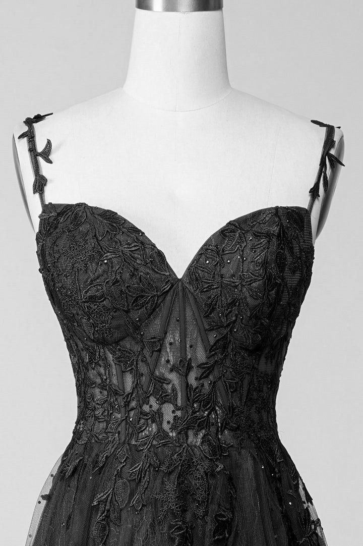 Black Lace Straps Beaded A-Line Prom Dress Party Dress, Black Floor Length Formal Dress