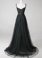 Black Lace Straps Beaded A-line Formal Prom Dress Party Dress, Black Floor Length Formal Dress