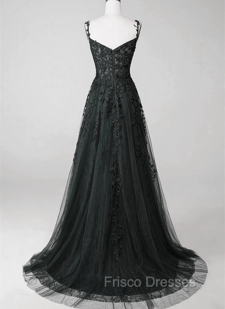 Black Lace Straps Beaded A-line Formal Prom Dress Party Dress, Black Floor Length Formal Dress