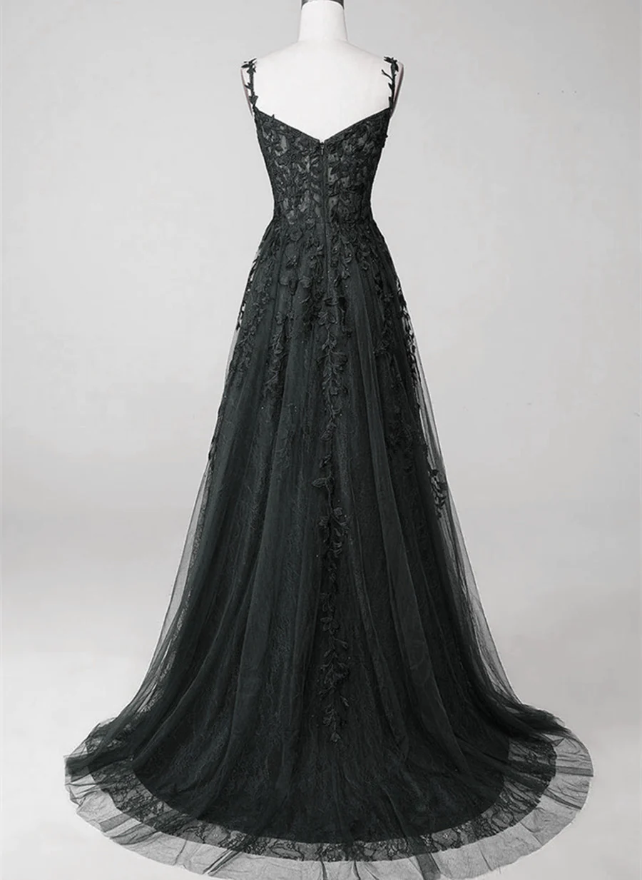 Black Lace Straps Beaded A-Line Prom Dress Party Dress, Black Floor Length Formal Dress