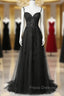 Black Lace Straps Beaded A-line Formal Prom Dress Party Dress, Black Floor Length Formal Dress